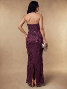 Silquee Elegant Sequin Embroidered Halter Neck Party Holiday Dress - Purple - View 4