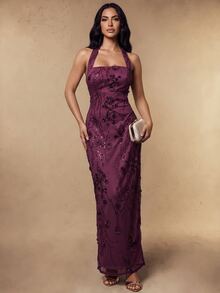 Silquee Elegant Sequin Embroidered Halter Neck Party Holiday Dress - Purple - View 5