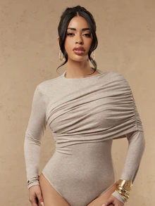 Silquee Women's Elegant Commute Solid Color Ruched Bodysuit - Light Grey - View 3