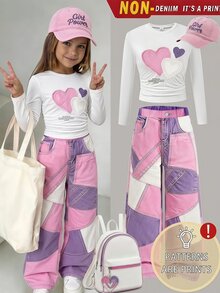 青少年女孩 Y2K 休閒可愛學院風套裝 秋季穿搭 上衣 牛仔風拼接愛心印花針織粉色與白色長袖 T 恤 學生校園風 - 白色 - 查看 1