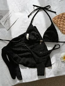 Swim Mod Women's Jacquard Fabric Halter Metal Decor 3-Piece Bikini Set, Spring/Summer - Black - View 4