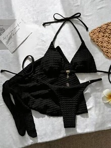 Swim Mod Women's Jacquard Fabric Halter Metal Decor 3-Piece Bikini Set, Spring/Summer - Black - View 3