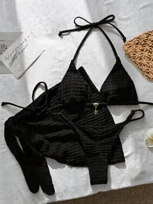 Swim Mod Women's Jacquard Fabric Halter Metal Decor 3-Piece Bikini Set, Spring/Summer - Black - View 2