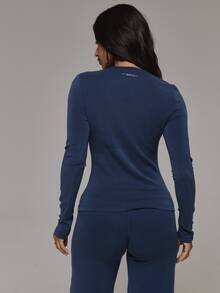 Musera Sport Crewneck Long Sleeve Fitted Soft Touch Active Coord Top Only Sport Essentials Basics Gym Workout Autumn Fall Winter - Navy Blue - View 5