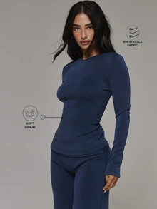 Musera Sport Crewneck Long Sleeve Fitted Soft Touch Active Coord Top Only Sport Essentials Basics Gym Workout Autumn Fall Winter - Navy Blue - View 1