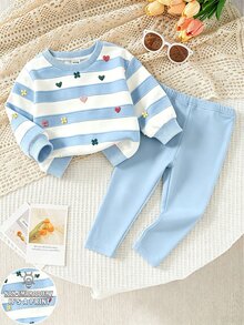 Young Girls 2 Pcs Fall Outfits Striped Heart Print Crew Neck Sweatshirt & Leggings Sweet Casual Autumn - Multicolor - View 4