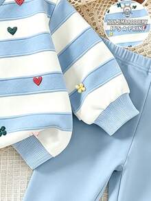 Young Girls 2 Pcs Fall Outfits Striped Heart Print Crew Neck Sweatshirt & Leggings Sweet Casual Autumn - Multicolor - View 5