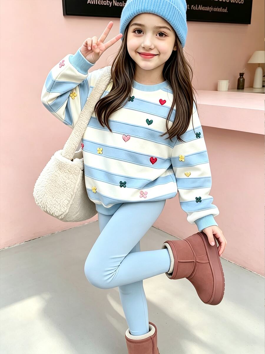 Young Girls 2 Pcs Fall Outfits Striped Heart Print Crew Neck Sweatshirt & Leggings Sweet Casual Autumn - Multicolor - View 1