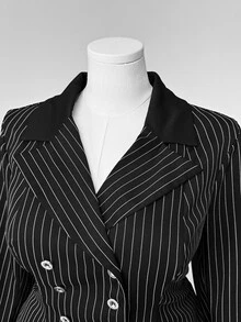 Sunspun Plus Size Women's Striped Double-Breasted Jacket And Skirt Elegant 2 Pieces Set Fall - Black and White - View 3