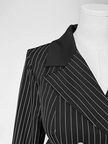 Sunspun Plus Size Women's Striped Double-Breasted Jacket And Skirt Elegant 2 Pieces Set Fall - Black and White - View 4