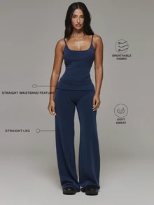 Musera Sport Fold Over Waist Wide Straight Leg Yoga Style Soft Touch Active Coord Trouser Only Sport Essentials Basics Gym Workout Autumn Fall Winter - Navy Blue - View 1
