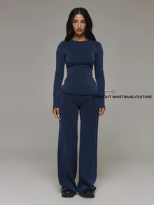 Musera Sport Fold Over Waist Wide Straight Leg Yoga Style Soft Touch Active Coord Trouser Only Sport Essentials Basics Gym Workout Autumn Fall Winter - Navy Blue - View 2