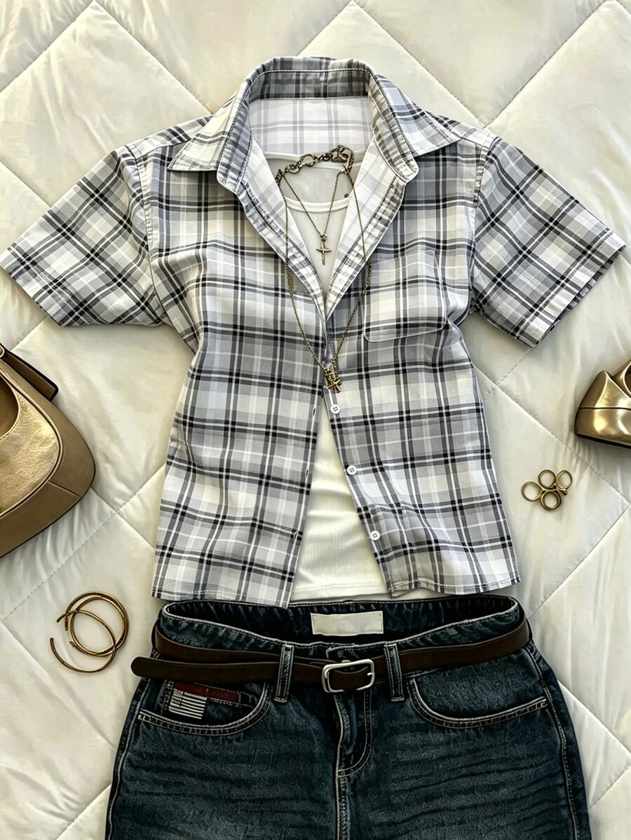 IslaSuriya Women's Summer Casual Preppy Plaid Shirt Top School Teacher Black And White - Light Grey - View 1