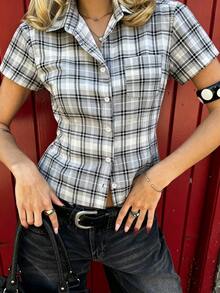 IslaSuriya Women's Summer Casual Preppy Plaid Shirt Top School Teacher Black And White - Light Grey - View 3