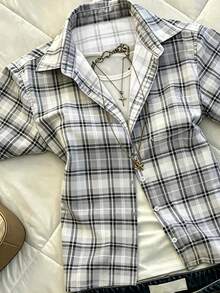 IslaSuriya Women's Summer Casual Preppy Plaid Shirt Top School Teacher Black And White - Light Grey - View 6