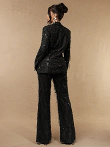 Silquee Women's Fashion Party Sequin Tassel Suit Pants - Black - View 8