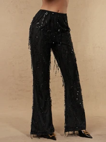 Silquee Women's Fashion Party Sequin Tassel Suit Pants - Black - View 9