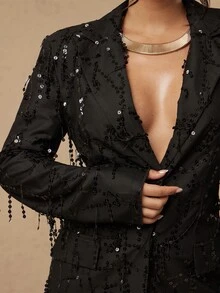 Silquee Women's Fashion Party Sequin Fringe Blazer - Black - View 10