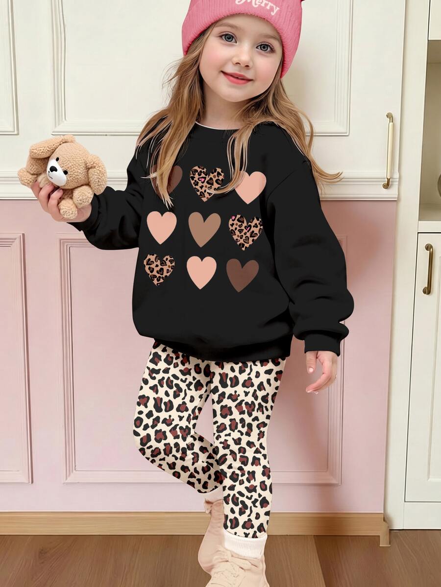 Young Girl 1pc Leopard Kids & Bow Print Drop Shoulder Sweatshirt & 1pc Leggings - Multicolor - View 1