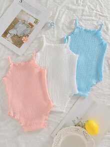 SHEIN Playful Pals 3件套女婴舒适百搭纯色针织吊带连体衣套装，适合春夏穿着 - 彩色 - 查看 2