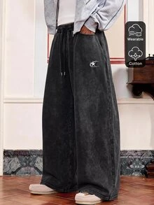 SWAVVY Men's Spring/Autumn Casual Loose Fit Long Pants, Standard Size, Grey, Sweatshirt Fabric Patchwork - Black - View 2