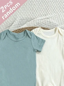SHEIN 新生兒春夏連身衣套裝，純棉素色設計，深受兒童喜愛，採用舒適柔軟親膚面料製成，適合兒童居家穿著，2件隨機發貨 - 彩色 - 查看 5