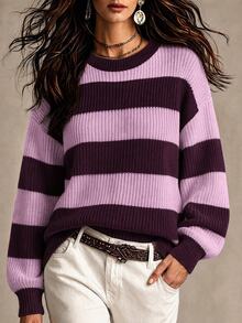 Franclia Sweater Lengan Panjang Wanita Motif Blok Warna Kasual Serbaguna untuk Sehari-hari - MultiWarna - View 2