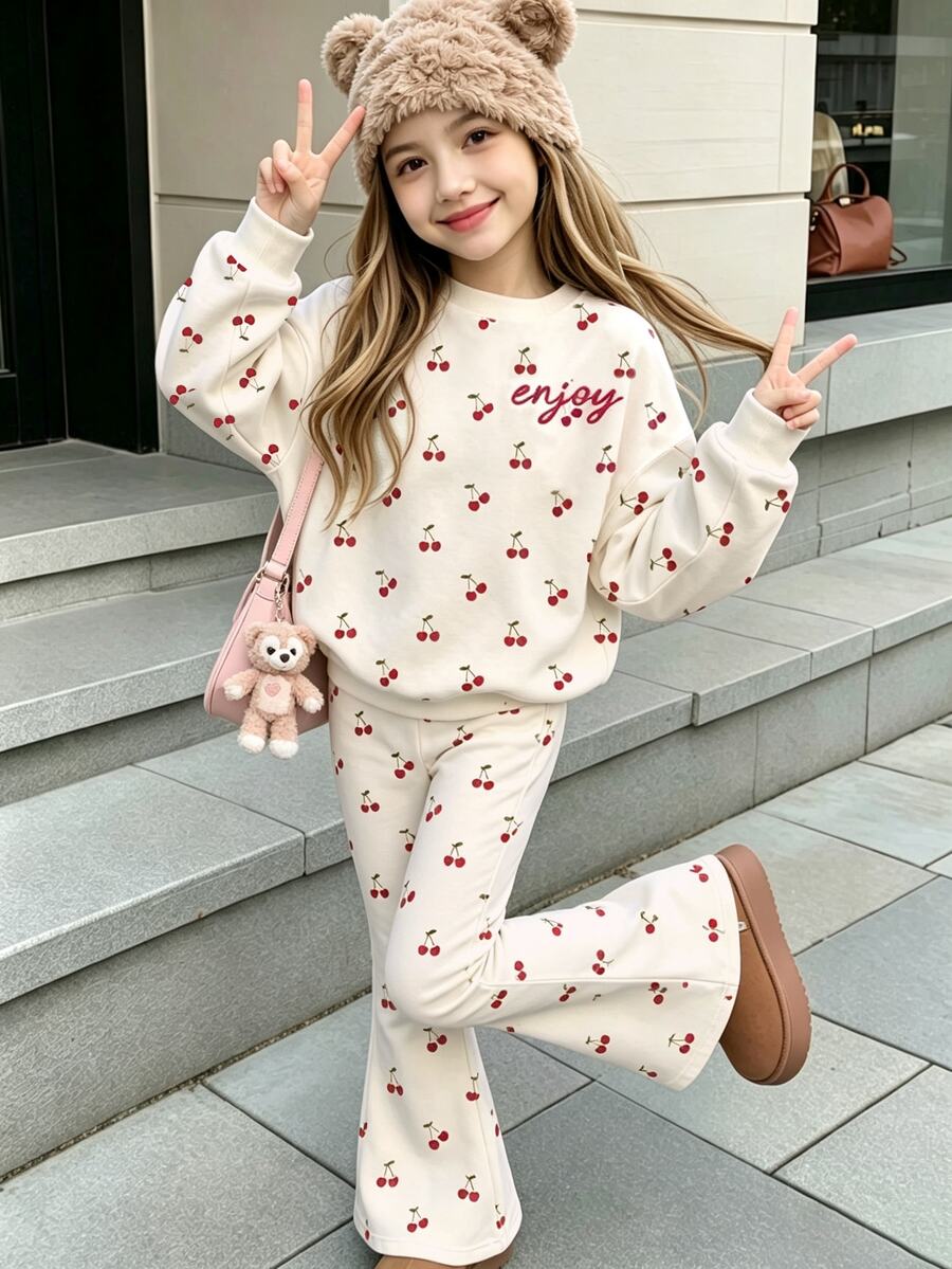 Young Girls 1 Set Fall Clothes Cherry Print Crew Neck Sweatshirt & Flare Pants, Casual Fall Outfits - Multicolor - View 1