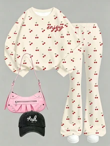 Young Girls 1 Set Fall Clothes Cherry Print Crew Neck Sweatshirt & Flare Pants, Casual Fall Outfits - Multicolor - View 4