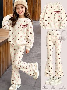 Young Girls 1 Set Fall Clothes Cherry Print Crew Neck Sweatshirt & Flare Pants, Casual Fall Outfits - Multicolor - View 3