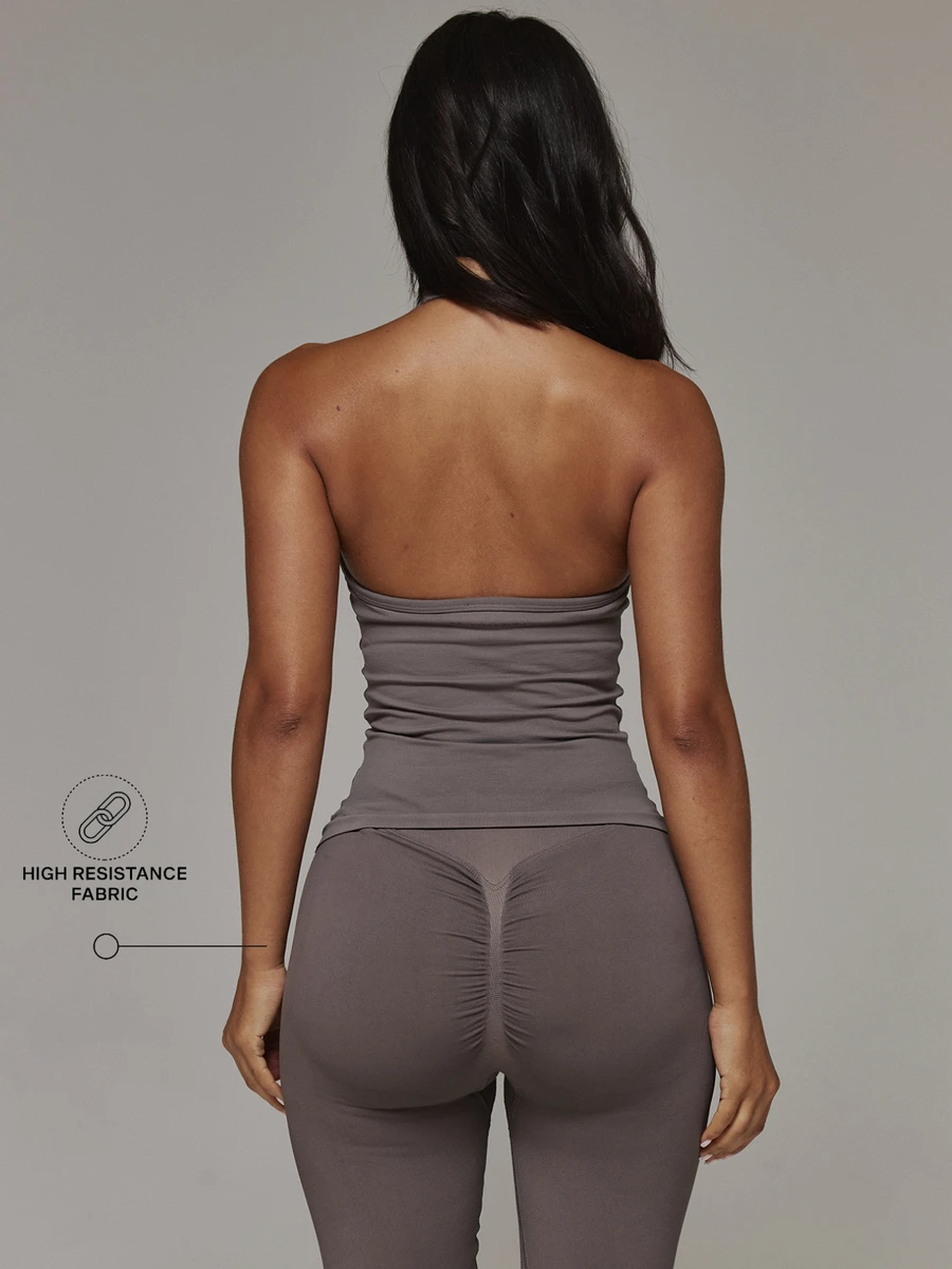 Musera Sport Scoop Front Seamless Logo Back Fitted Long Line Halterneck Active Coord Top Only Sport Essentials Basics Autumn Fall Winter - Grey - View 1