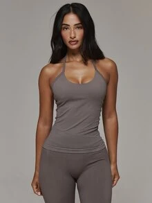 Musera Sport Scoop Front Seamless Logo Back Fitted Long Line Halterneck Active Coord Top Only Sport Essentials Basics Autumn Fall Winter - Grey - View 3