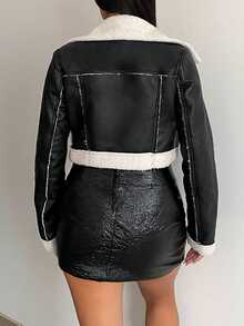BamGleam Teddy Lined PU Leather Moto Jacket Fall Winter Cloth For Women - Black - View 3