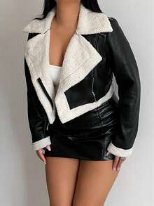BamGleam Teddy Lined PU Leather Moto Jacket Fall Winter Cloth For Women - Black - View 5