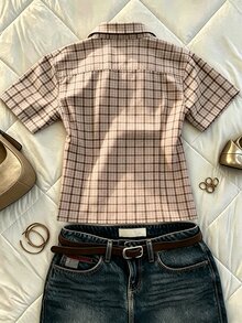 IslaSuriya Women's Summer Casual Preppy Plaid Shirt Top Brunch Black And White Checkered - Khaki - View 2