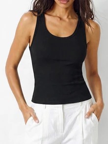 YARNWELL Women's Sexy Sporty Sleeveless U-Neck Fitted Tank Top, Side-Boob Coverage, Spring/Summer New Style, Inner Layer Base Top - Black - View 7