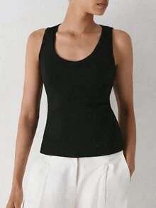 YARNWELL Women's Sexy Sporty Sleeveless U-Neck Fitted Tank Top, Side-Boob Coverage, Spring/Summer New Style, Inner Layer Base Top - Black - View 8