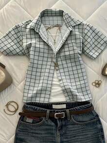 IslaSuriya Women's Summer Casual Preppy Plaid Shirt Top Picnic Blue - Baby Blue - View 1