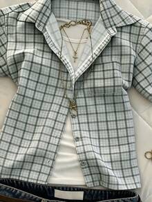 IslaSuriya Women's Summer Casual Preppy Plaid Shirt Top Picnic Blue - Baby Blue - View 4