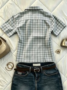IslaSuriya Women's Summer Casual Preppy Plaid Shirt Top Picnic Blue - Baby Blue - View 2