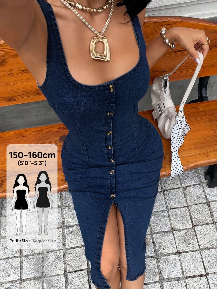 Rivivi Petite 時尚休閒水洗牛仔前開衩女款牛仔洋裝 - 藏蓝色 - 查看 1