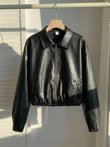 SHEIN 青少年女孩童裝秋冬黑色翻領側口袋純色PU皮革短版休閒夾克，酷街頭風運動單車PU拉鍊外套，百搭開學外套 - 黑色 - 查看 5