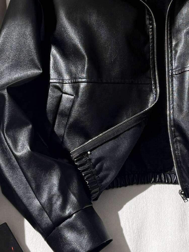 SHEIN Teen Girls Kids Autumn/Winter Black Lapel Side Pocket Solid Color PU Leather Jacket, Short Casual Jacket, Cool Street Style Sports Cycling PU Zipper Jacket, Black Versatile Outerwear, Back To School - Black - View 11