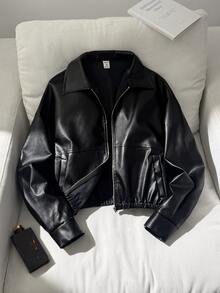 SHEIN 青少年女孩童裝秋冬黑色翻領側口袋純色PU皮革短版休閒夾克，酷街頭風運動單車PU拉鍊外套，百搭開學外套 - 黑色 - 查看 8