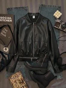 SHEIN 青少年女孩童裝秋冬黑色翻領側口袋純色PU皮革短版休閒夾克，酷街頭風運動單車PU拉鍊外套，百搭開學外套 - 黑色 - 查看 6