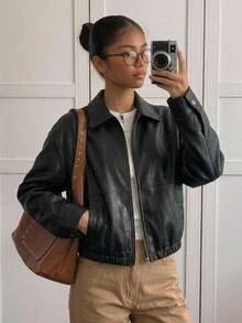SHEIN 青少年女孩童裝秋冬黑色翻領側口袋純色PU皮革短版休閒夾克，酷街頭風運動單車PU拉鍊外套，百搭開學外套 - 黑色 - 查看 2
