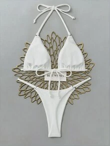 SHEIN Swim 女士夏季海滩纯色挂脖比基尼套装（带分体比基尼套装） - 白色 - 查看 1