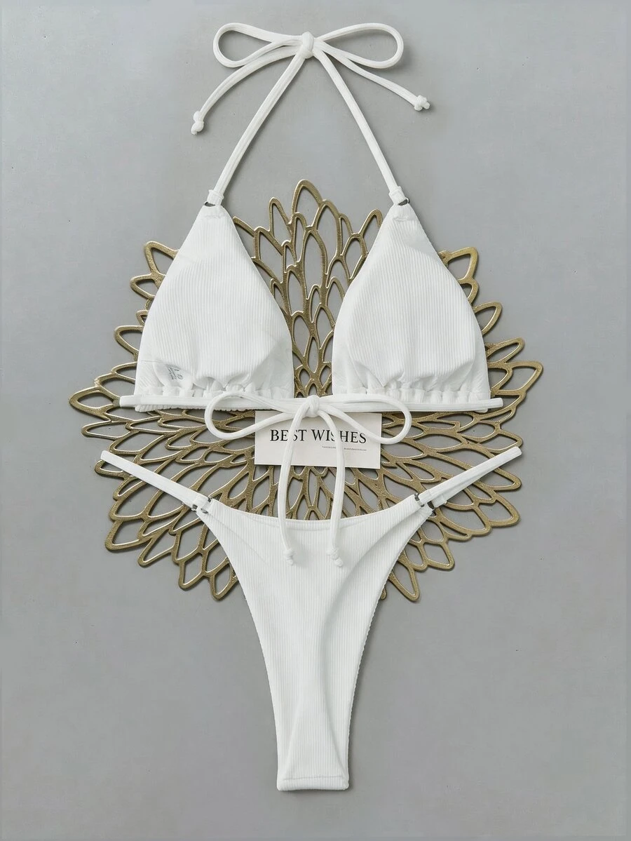 SHEIN Swim 女士夏季海滩纯色挂脖比基尼套装(带分体比基尼套装) - 白色 - 查看 1