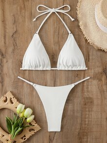 SHEIN Swim 女士夏季海滩纯色挂脖比基尼套装（带分体比基尼套装） - 白色 - 查看 2