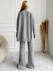 SHEIN Cotton Funnel Neck Drop Shoulder Tee Pants Lounge Grey Casual - Light Grey - View 3